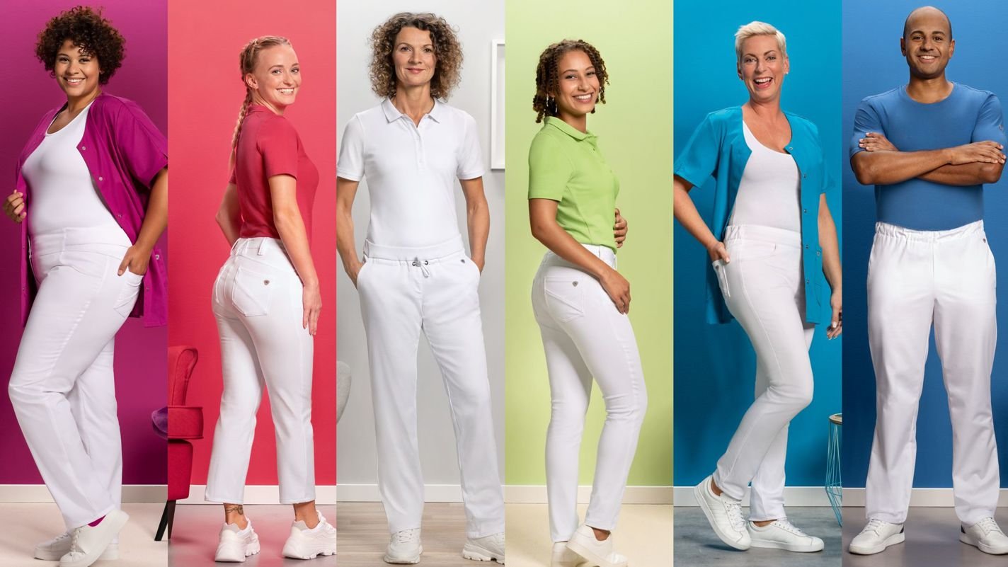 Six nurses are dressed in various Med&Care work outfits.