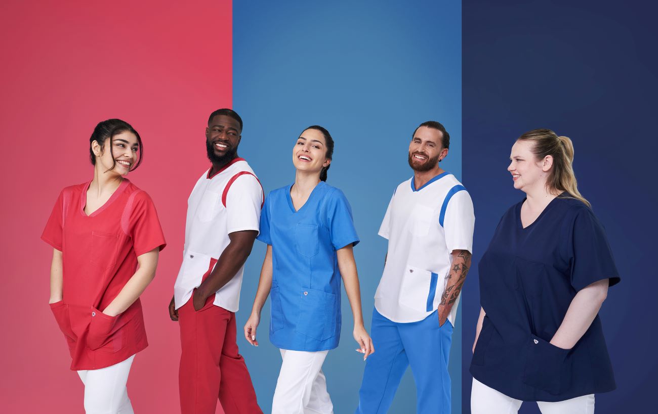 Five carers are dressed in different types of bag and work trousers.