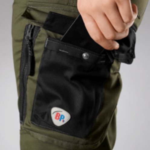 Close-up of the smartphone pocket on a pair of BP® workwear trousers.